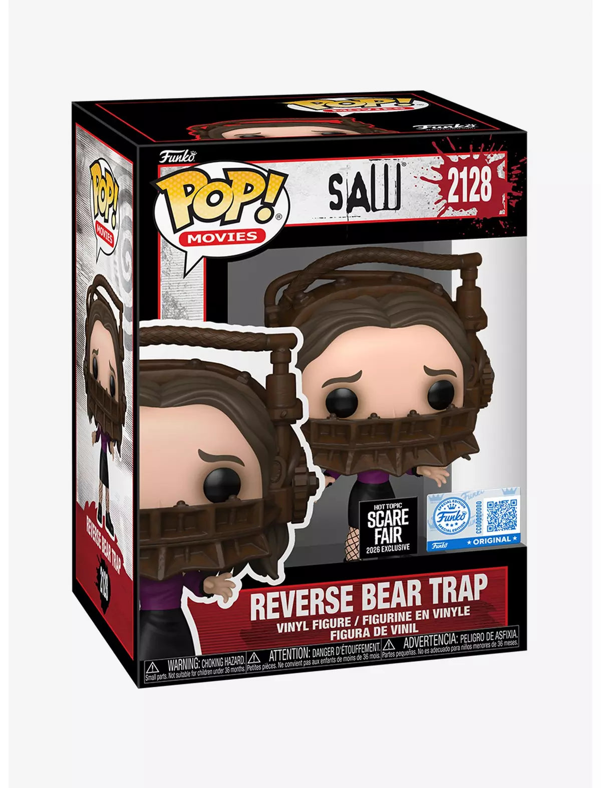 Funko Pop! Movies SAW Reverse Bear Trap #2128, confezione Hot Topic Scare Fair 2026 Exclusive